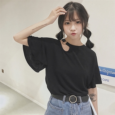 韩版原宿风ulzzang宽松露锁骨短袖学院风t恤女学生上衣打底衫潮