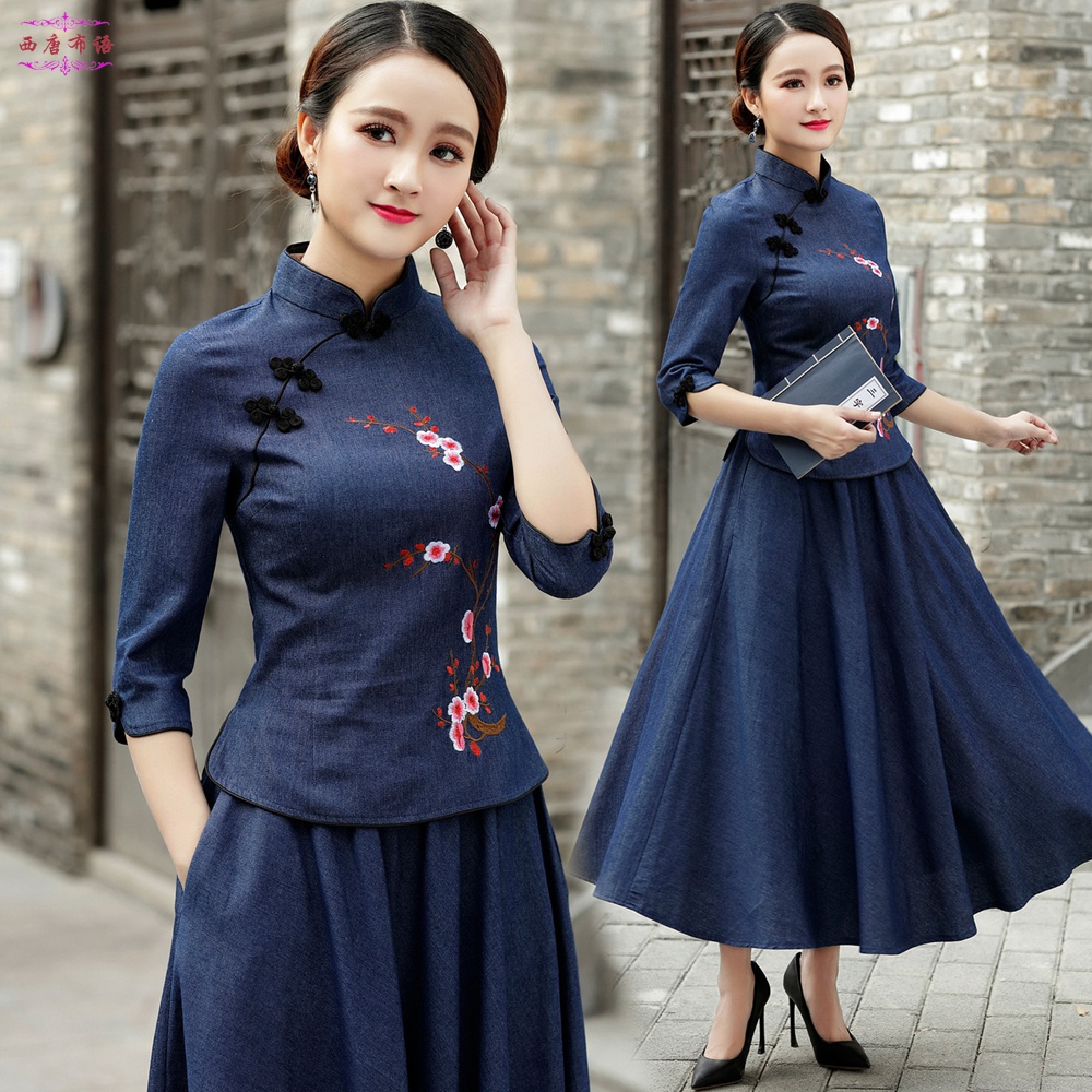 2022新款春夏季礼服复古民族风中长袖唐装女士旗袍连衣裙套装上衣
