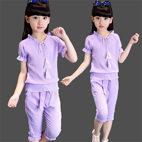 Girls' suit summer new Chiffon casual suit two piece short sleeve Capris for children