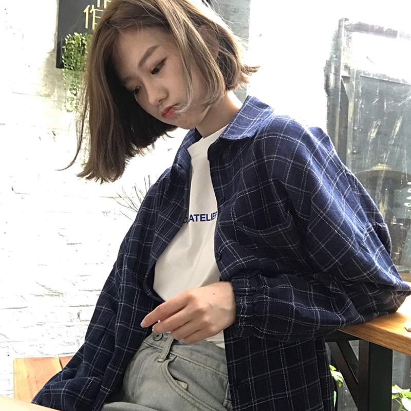 Sunscreen Plaid Shirt women's new Korean version versatile retro BF loose medium length long sleeve shirt coat for students