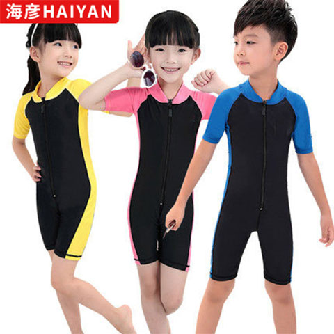 Children's swimsuit short sleeve quick drying one-piece children's student hot spring girls' middle school boys' swimsuit sunscreen suit