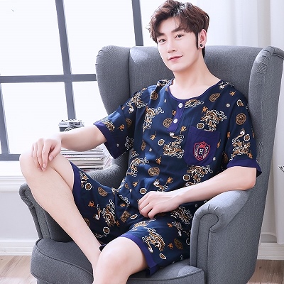 32768/中年男士棉绸睡衣夏季薄款短袖短裤休闲宽松家居服绵绸两件套大码